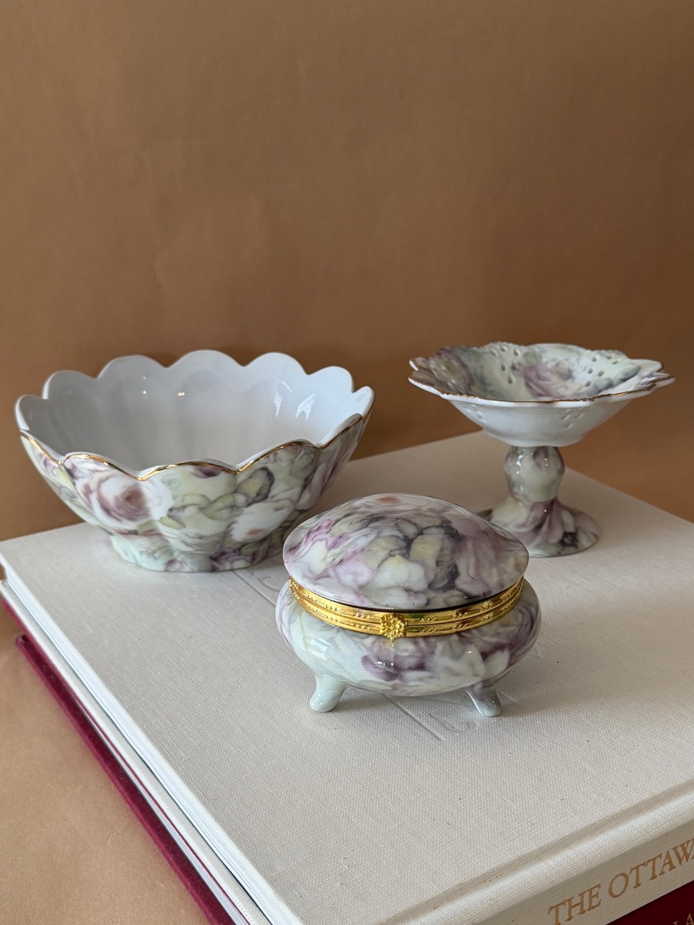 Limoges Vanity Set - Marbled Lavender Trinket Box, Pedestal Dish, Scalloped Bowl